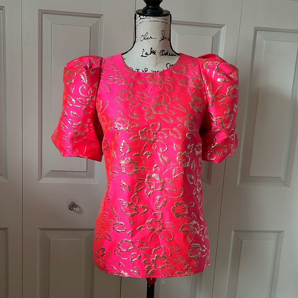NWT Lilly Pulitzer Pratt Puff sleeve pink gold brocade top Sz XS SM - Picture 5 of 13